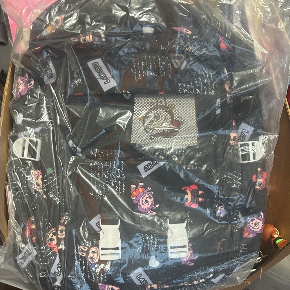 Black Character Print Backpack with White Buckles